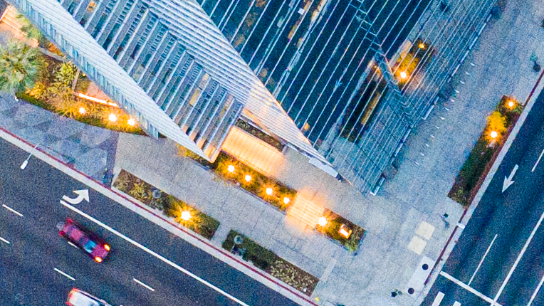 Overhead view of building and street corner